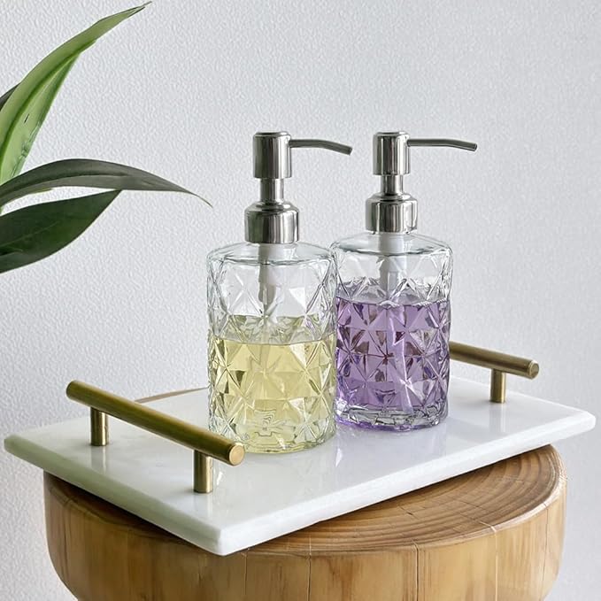 JASAI 2Pack Diamond Embossed Glass Soap Dispenser with 304 Rustproof Stainless Steel Pump, 12 OZ Bathroom soap Dispenser with A Wooden Tag, Elegant Hand Soap Dispenser for Bathroom & Kitchen