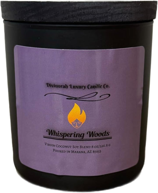 Divinorah Luxury Candle Co. Whispering Woods Scented Candle, Black Matte Glass Jar, Virgin Coconut Soy Blend, 8 oz, Fall Collection, Natural Fragrance