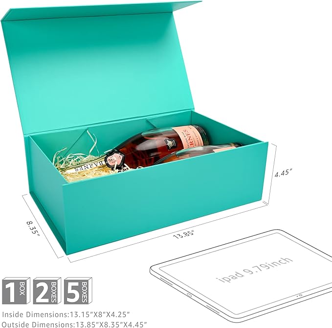 LIFELUM Green Blue Gift Box 13.85 x 8.35 x 4.45 inch, 1 Pack Big Gift Box with Magnetic Lid for Presents, Bridesmaid Proposal Boxes Contains Ribbon, Card,Shredded Paper Filler