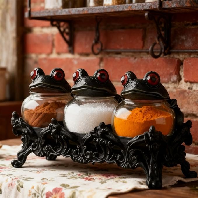 Witchy Frog Apothecary Spice Jars, Handcrafted Vintage Class Apothecary Jars with Frog Lids, Gothic Food Storage Containers, Frogs Spice Jar Fun Salt and Pepper Shakers Seasoning Container