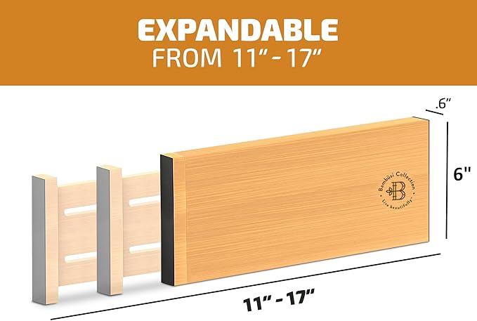 6 Pack Drawer Dividers 6 Inch High, 11”-17" Adjustable Bamboo Organizers Large Expandable Drawer Separators for Cloths, Dresser, Bedroom, Bathroom, Baby Drawer, Office & Kitchen Utensils (Natural)