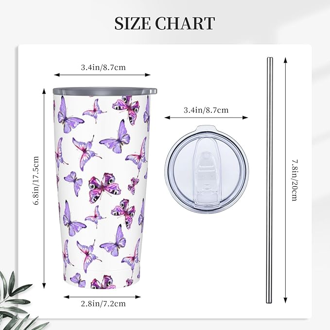 Pink Blue Butterflies Tumbler,Butterflies 20oz Stainless Steel Insulated Travel Tumblers,Travel Coffee Mug with Lid and Straw Water Bottle Drink Tumbler Cups Gifts for Women Men Lovers
