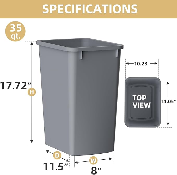 35QT Kitchen Trash Can, Sturdy and Lightweight Trash Cans for Kitchen, Bathroom, Office, Workspace, Easy to Clean, 4-Pack, Gray