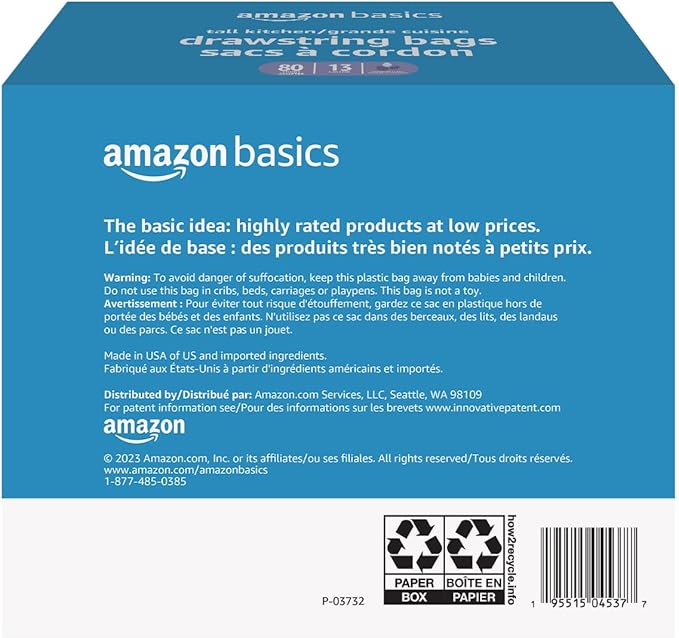 Amazon Basics Ultra-Force Tall Kitchen Drawstring Trash Bags, Lavender Scented, 13 Gallon, 80 Count, Pack of 1