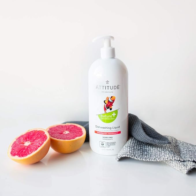 ATTITUDE Liquid Dish Detergent, Plant- and Mineral-Based Ingredients, Effective Dishwashing Soap Formula, Vegan and Cruelty-free, Pink Grapefruit, 33.8 Fl Oz (Pack of 3)