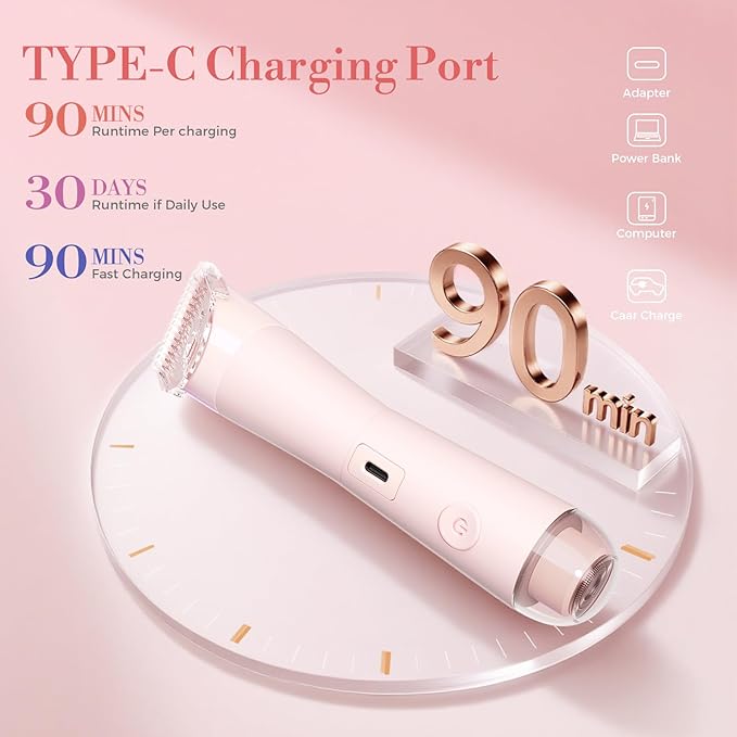 Bikini Trimmer for Women, 2 in 1 Electric Shaver for Women, Pubic Hair Trimmer Waterproof IPX7 with LED, Bikini Razor for Leg Arm Underarm Bikini Area, Christmas Gift Box for Friends - Rose Pink