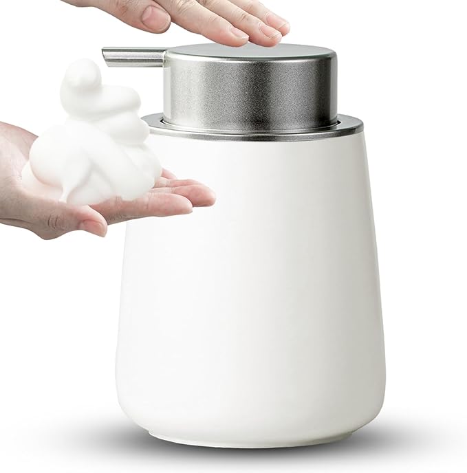 Foaming Soap Dispenser - 12 Oz White Ceramic Foam Hand Soap Dispenser for Bathroom, Face Wash Dispenser Bottle with Matte Silver Foaming Pump, Refillable Lotion Dish Dispenser for Kitchen
