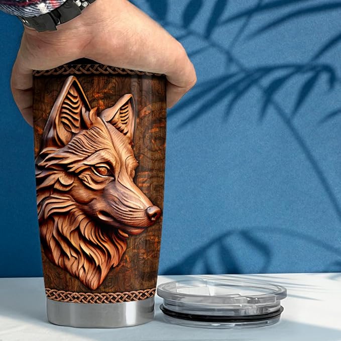 SANDJEST Wolf Tumbler 20oz Wolf Wood Drawing Stainless Steel Insulated Tumblers Coffee Travel Mug Cup Wolf Gift for Men Boys Gifts for Birthday Christmas