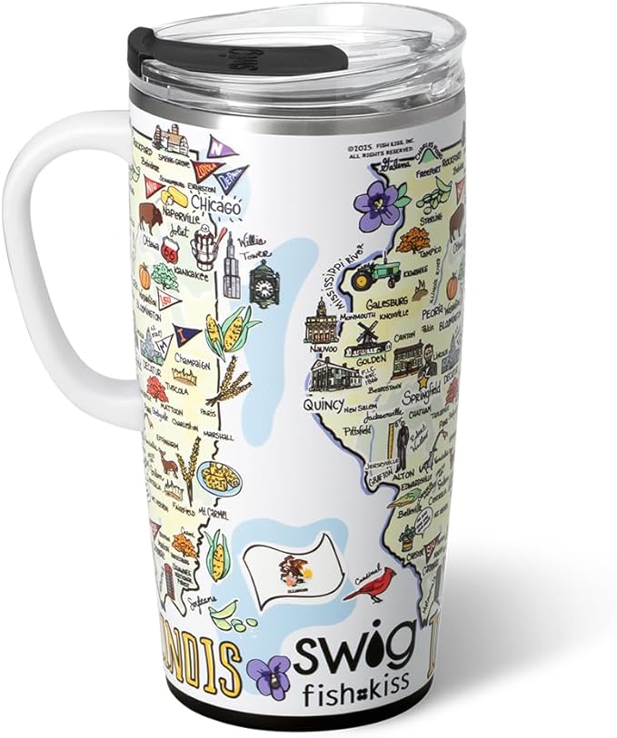 Swig Life 22oz Travel Mug, Insulated Tumbler with Handle and Lid, Travel Coffee Mug, Cup Holder Friendly, Stainless Steel 22 oz Tumbler, Reusable Insulated with Lid (Illinois)