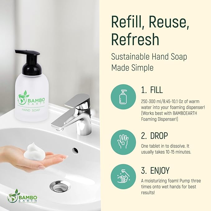 18 Pack Natural Foaming Hand Soap Tablets - Soft Moisturizing Handwash Tab Refills - 1 Tablet = 9 Oz Refillable Liquid Wash Foam Handsoap - Eco-Friendly Paper Softsoap Refill Tabs (Dispenser + 6 Tabs)