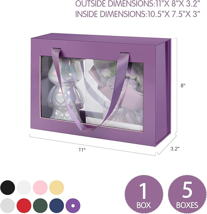 Purple Gift Box with Window, Clear Magnetic Gift Box for Present, Bridesmaid Proposal Box (10.5x7.5x3 Inches)