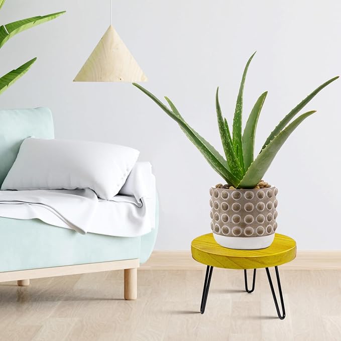 Plant Stand Indoor Outdoor, Wooden plant Stool, Mid Century Plant Stand for Indoor Plants, Wood Modern Plant Holder Rattan Flower, Low Short Boho Rustic Planter Stand Fit 5-15 Inch Pot(M, L)