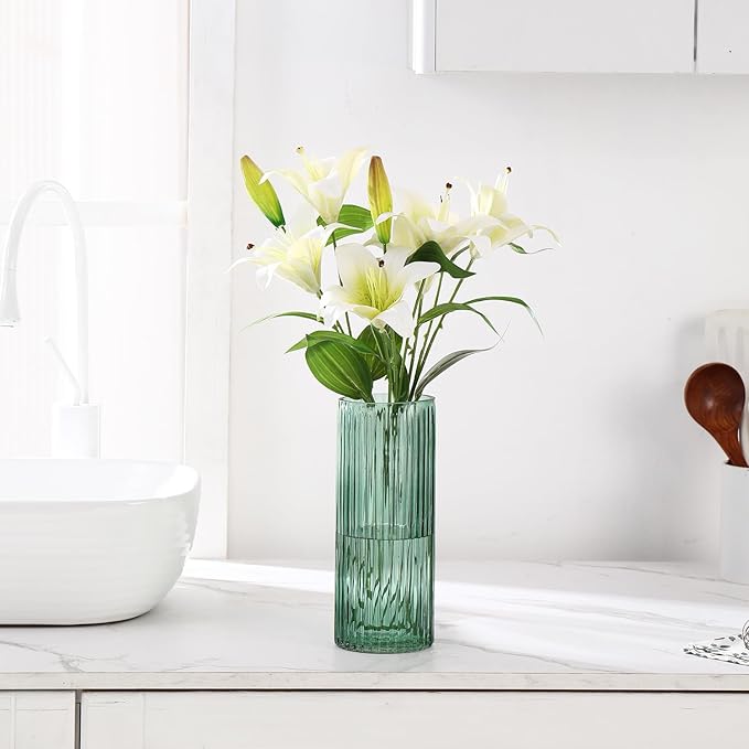 Green Glass Vase, Glass Flower Vase, Ribbed Glass Vase, Green Vase, Tall Cylinder Glass Vases for Centerpieces, Living Room, Bedroom, Dining Table, Office, Wedding, Bookshelf, 10 Inches