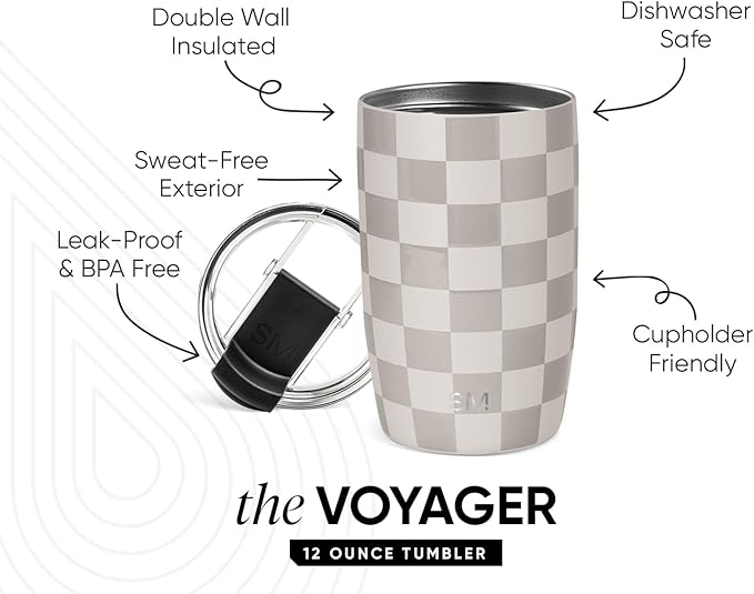 Simple Modern Travel Coffee Mug Tumbler with Flip Lid | Reusable Insulated Stainless Steel Cold Brew Iced Coffee Cup Thermos | Gifts for Women Men Him Her | Voyager Collection | 12oz | Checkmate