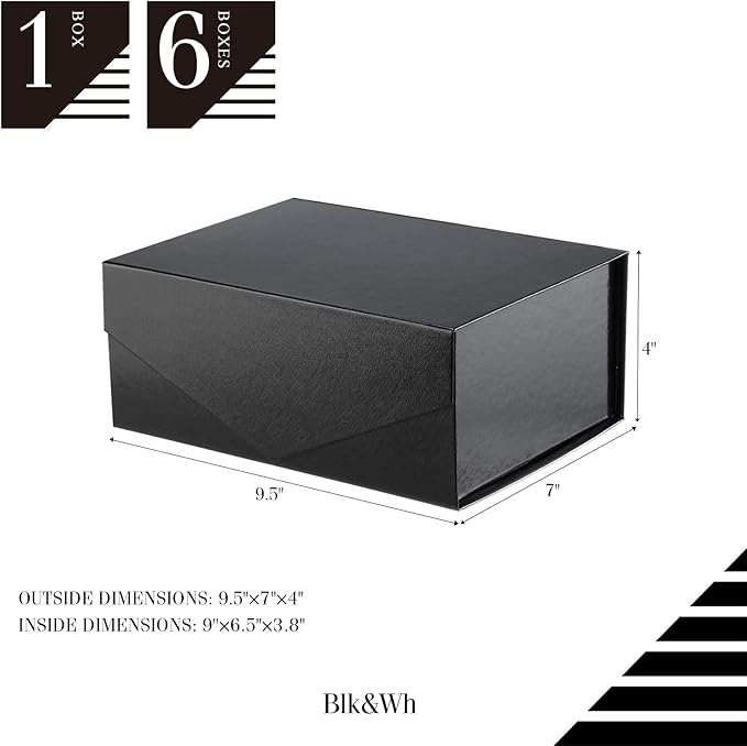 BLK&WH 6 Gift Boxes 9x6.5x3.8 Inches, Black Gift Boxes, Groomsman Boxes, Collapsible Boxes with Magnetic Closure Lids for Gift Packaging (Glossy Black with Grass Texture)
