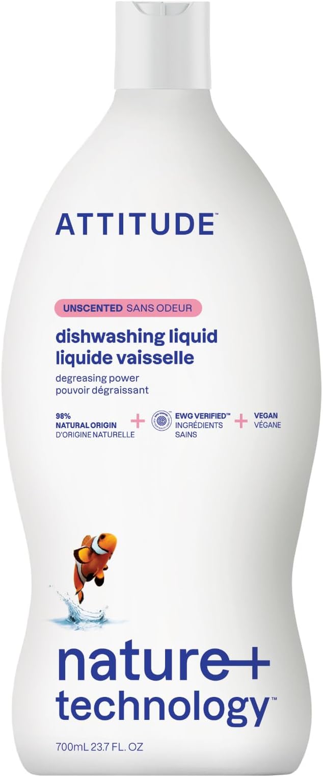 ATTITUDE Dish Soap, EWG Verified, Plant-Based & Vegan Dishwashing Liquid, Naturally Derived, Unscented, 23.7 Fl Oz