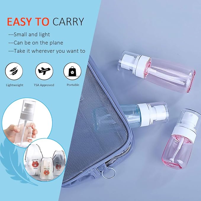 AMORIX 6PCS Spray Bottles Small 100ml 3.4 oz Empty Mini Travel Size Spray Bottle Fine Mist Hairspray Bottle for Essential Oils Refillable Travel Containers for Cosmetic, Perfume + Drawstring Bag