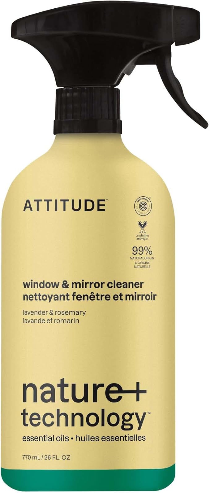 ATTITUDE Window & Mirror Cleaner Spray, Plant-Based Ingredients, EWG Verified, Streak Free, Removes Fingerprints, Dust and Dirt, Lavender & Rosemary, 26 Fl Oz