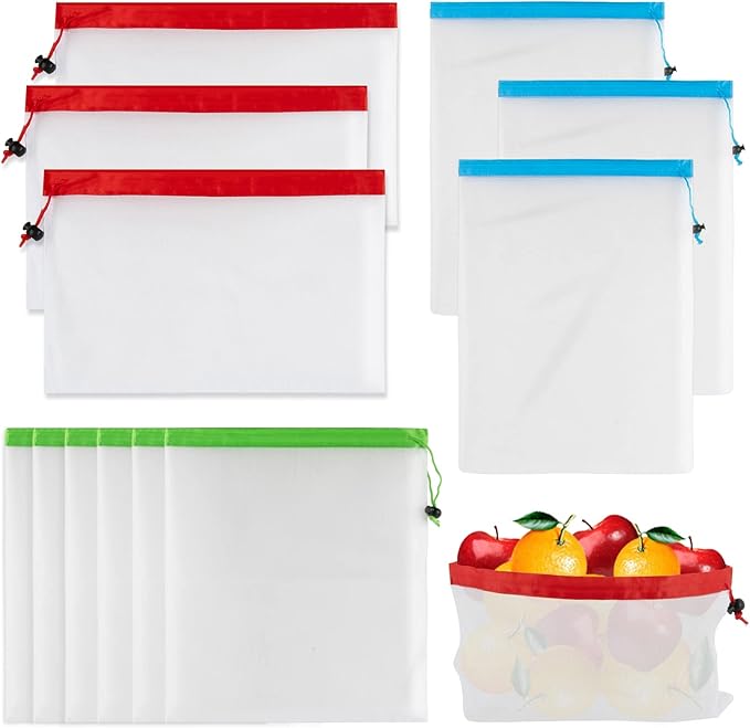 MAQIHAN 12PCS Reusable Produce Bags - Mesh Produce Bags Drawstring Reusable Washable Vegetable Storage Bags Refrigerator Keep Fresh Grocery Food Fruits Veggie Green Net Bag Toy Storage Zero Waste Shop