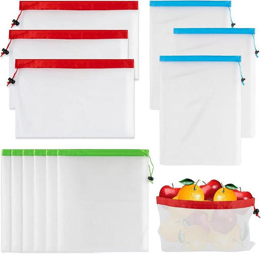 MAQIHAN 12PCS Reusable Produce Bags - Mesh Produce Bags Drawstring Reusable Washable Vegetable Storage Bags Refrigerator Keep Fresh Grocery Food Fruits Veggie Green Net Bag Toy Storage Zero Waste Shop