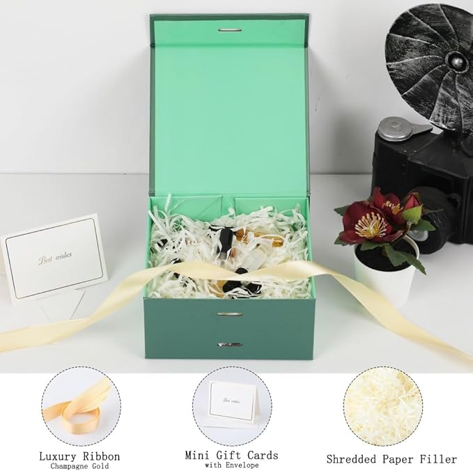Small Gift Boxes with Lids 5 Pack 6X6X3 Inch Green Gift Box with Ribbon Christmas Gift Box Foldable Gift Boxes for Presents、Shredded Paper Filler & Cards