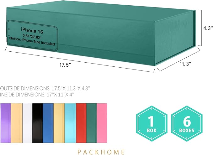 PACKHOME 6 Extra Large Gift Boxes 17.5x11.3x4.3 Inches, Sturdy Shirt Boxes with Magnetic Lids for Clothes and Large Gifts (Glossy Dark Green)