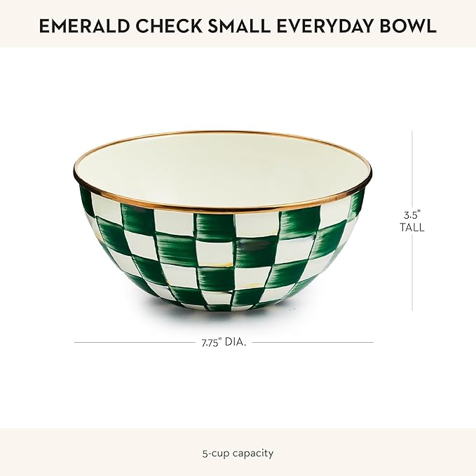 MACKENZIE-CHILDS Enamel Everyday Bowl, Serving Bowl for Entertaining, Small, Green-and-White Emerald Check