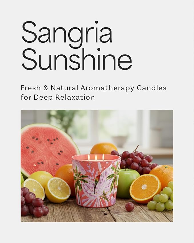 Sangria Sunshine Scented Candle, 30oz Natural Soy Wax Non Toxic, Large 3-Wick Luxury Aromatherapy Candle for Home | 100+ Hour Slow-Burn for Home Decor, Stress Relief, SPA