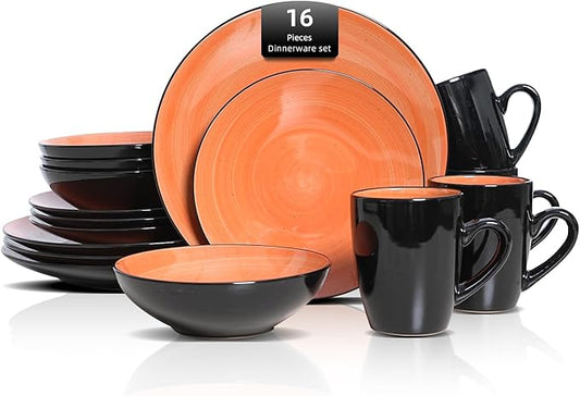 Sonoma 16 Piece Stoneware Dinner Set, Outside Black + Inside Handpainted Color Orange with speckle