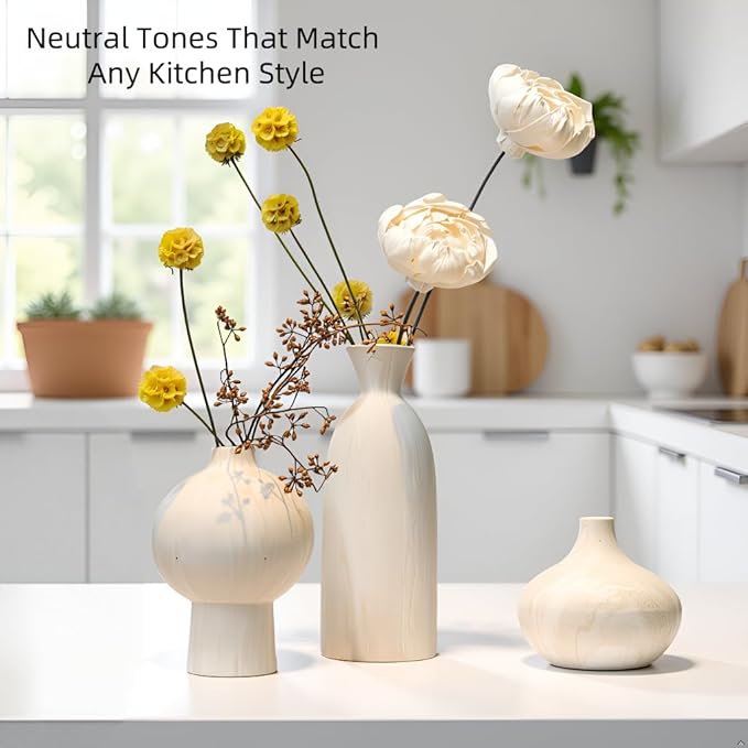 White Ceramic Vase Set of 3 with Stone Texture, Modern Minimalist Pottery Vases for Dried Flowers, Pampas Grass, Rustic Farmhouse & Aesthetic Home Decor for Living Room, Bedroom, Kitchen