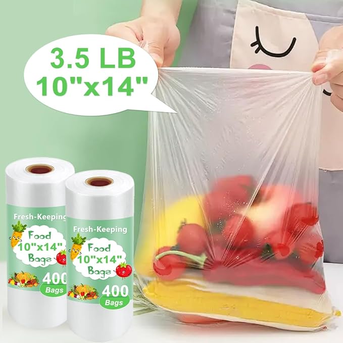 Plastic Produce Bags Roll, 10" x 14" Disposable Food Bag, Fresh-Keeping Plastic Bags for Food, Fruit, Vegetable, Bread, Refrigerator Storage, Kitchen, Supermarket, 2 Roll 800 Storage Bag
