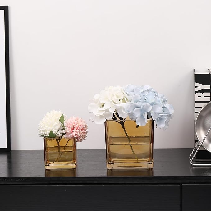 Square Flower Vases Set of 9, 3"x 3"x 3" Glass Vases for Centerpieces, Amber Vase for Flowers, Small Vase for Wedding, Party, Home Office Decoration