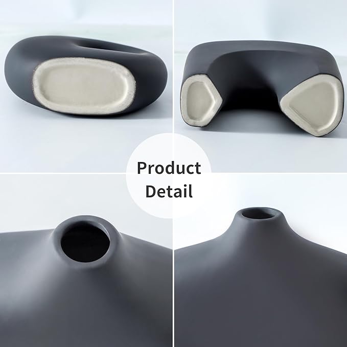 Ceramic Vase Set of 2, Modern Donut Vases for Minimalist Nordic Home Decor, Waterproof Round Vase, Decorative Centerpiece Vases for Living Room, Entryway, Bookshelf, Table Decor (Matte Black)