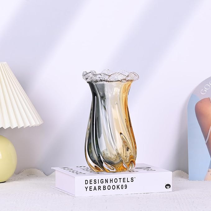 Amber Glass Vase Home Decor, Hand Blown Glass Vases Wide Mouth for Pampas Grass and Flower Decorative, Modern Minimalism Art Murano Clear Glass Vase, Coffee Table, Office Centerpiece