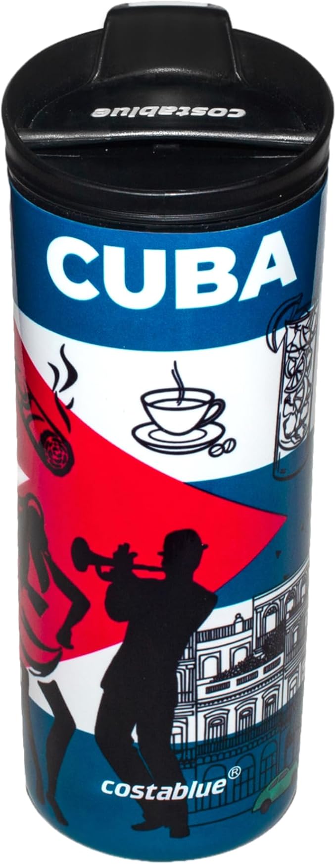 Cuba Vacuum Insulated Stainless Steel Thermal Travel Mug, 16 oz, Easy Clean, Flip leak Proof Lid Cuba Flag with Icons from Cuba…