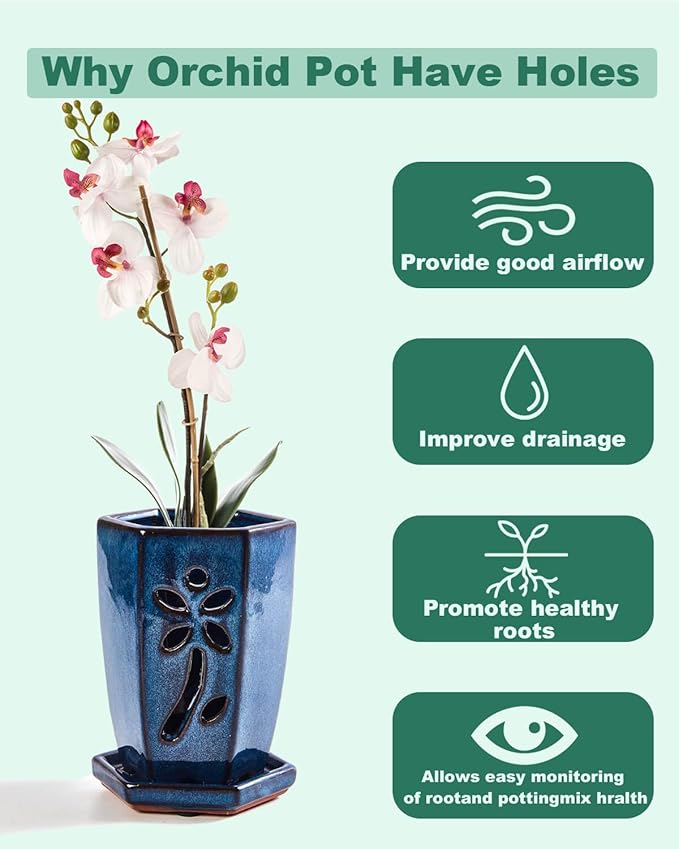 vensovo 4 Inch Ceramic Orchid Pots with Holes and Saucers - 1 Pcs Small Hexagon Succulent Pot for Repotting, Garden Flowerpots for Plants Indoor and Outdoor Promotes Air Circulation, (Blue)