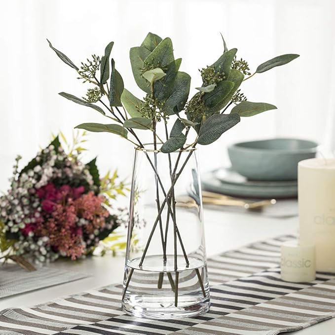 Moden Trapezoid Glass Vase with Gold Mouth for Centerpieces Home Wedding Decoration (1, Small 4.7" x 8.7")