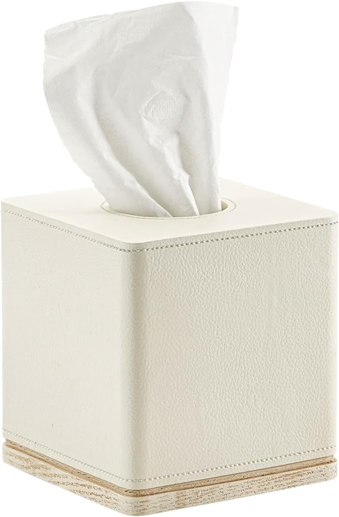 Tissue Box Cover Square Resin Tissue Holder for Home Decor,Hand Carved Beige Leather Cube Tissue Box Holder – 5.5 Inch Heavy Duty Luxury Tissue Box Case for Bathroom, Living Room, Office