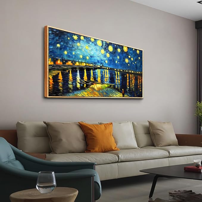 hyidecorart Large Size Canvas Wall Decor For Office Wood Framed Wall Art For Living Room Modern Bedroom Decorations Night Scene Wall Paintings Abstract Blue Vintage Pictures Artwork Home Decor