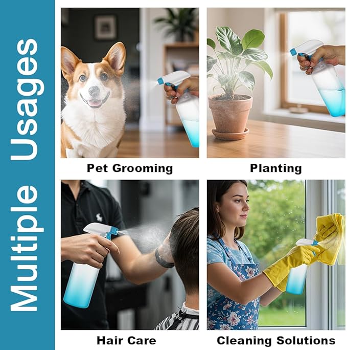 Plastic Spray Bottles 12oz 2 Pack Adjustable Mist/Stream Spraying Heavy Duty Square Water Spray Bottles for Hair, Cleaning Solutions, Plants, Cooking，BBQ，Essential Oils (Blue)