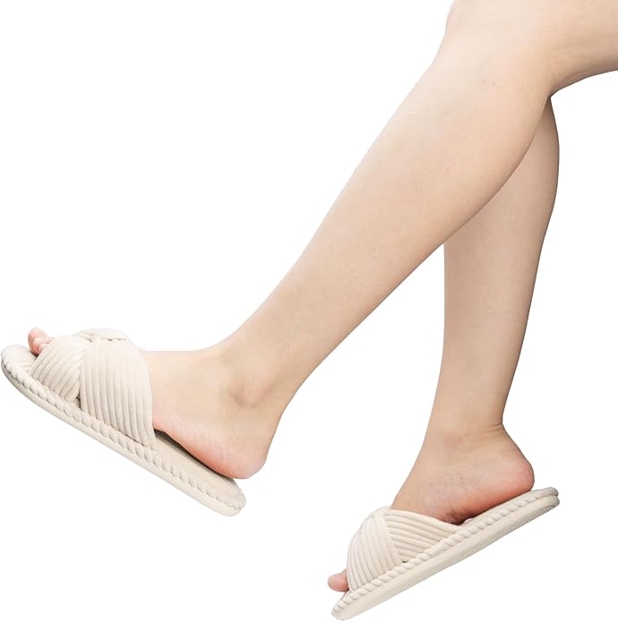 Chantomoo Slippers for Women Memory Foam House Womens Slipper Slides Home Bedroom Bathroom Spa Open Toe Corduroy Bow Slippers Cozy Comfortable