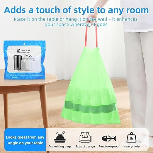 OKKEAI 2.6 Gallon Drawstring Trash Bags, 60 Count Small Green Bathroom Garbage Bags, Heavy Duty Tear-Resistant & Leak-Proof Wastebasket Liners for Kitchen, Bathroom, Office