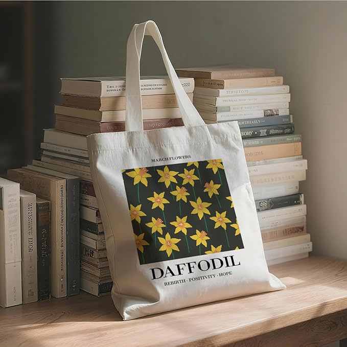 Flower Canvas Tote Bag, March Daffodil Reusable Shoulder Bags, Gifts to Sister and Friends, Holiday Gift Bags for Wrap Storage, Casual Canvas Totes for Work Traveling