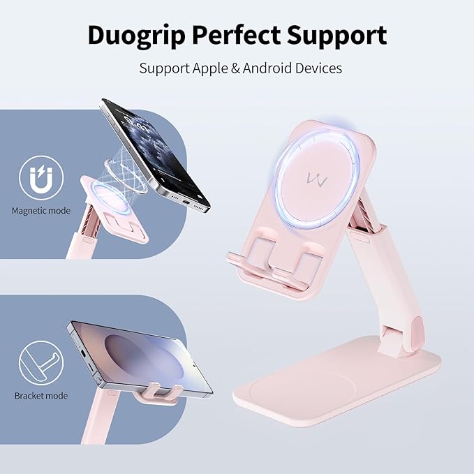 iWALK Magnetic Cell Phone Stand for Desk, Angle and Height Adjustable Mobile Phone Holder, Foldable Magnet Stand for iPhone 17 16 15 14 13 12 Pro Max and iPad, Cell Phone Holder for Samsung, Pink