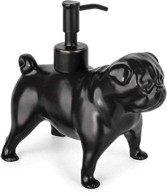 Pug Shaped Soap/Lotion/Hand Sanitizer Dog Lover Stainless Steel Pump Dispenser for Dog Gifts, Refillable for Kitchen and Bathroom(Black)