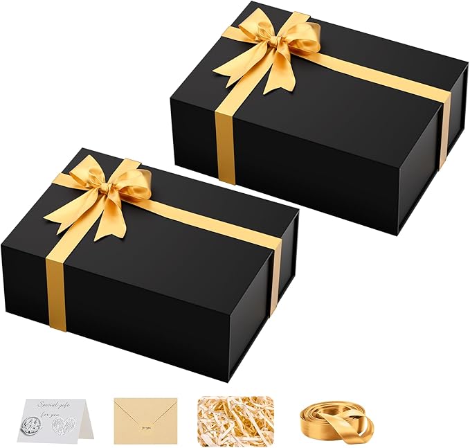 Large Black Gift Box with Lid: 2 Pack 13.5×10×5 Inches - Strong Magnetic Closure for Christmas Wedding Birthday Gifts – Perfect for Couples Friends Family
