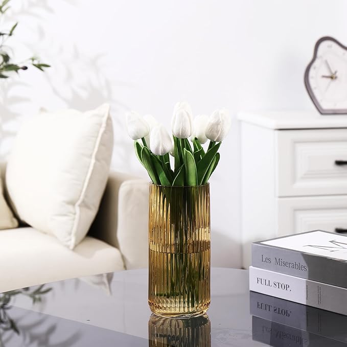 Ribbed Glass Vase, Amber Glass Vase, Flower Vase for Bouquet, Glass Vase for Flowers, Modern Vase, Ribbed Vase for Living Room, Bathroom, Dining Table, Office, Wedding, Centerpieces, 8 Inches