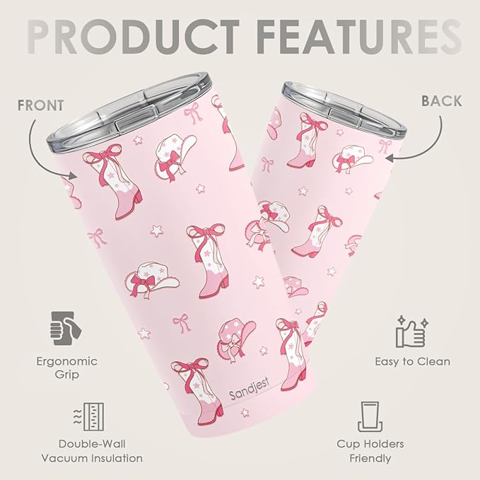 SANDJEST Cowgirl Tumbler 20oz, Stainless Steel Travel Cup with Lid, Insulated Coffee Mug, Cowgirl Gifts for Women Girls Friends Sisters on Birthday Christmas (Pink)