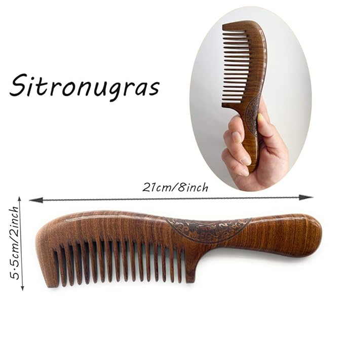 Natural Handmade Sandalwood Comb - Fine Tooth for Wavy, Thick, Thin, Straight Hair, No Static, No Snag, Reduce Tangles for Men, Women, Kids (Auspicious Carve Patterns)
