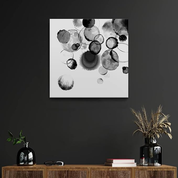 Bedroom Decor Wall Art Black and White Bubbles Prints Pictures Framed Canvas Artwork Wall Art for Bathroom Kitchen Office Modern Ink and Wash Painting Decorations Size 20x20 inches Ready to Hang
